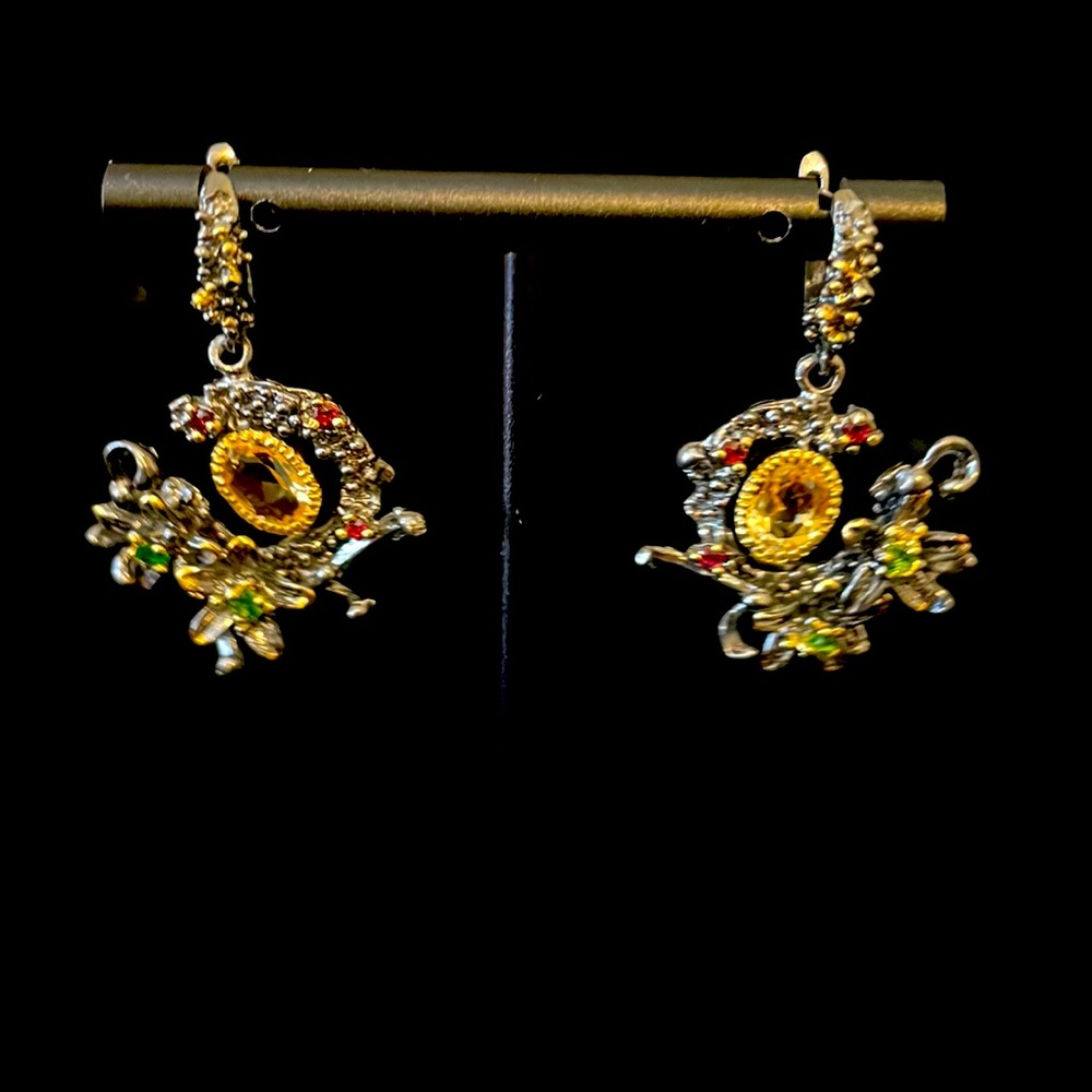 Silver and citrine earrings, emerald and ruby accents medium dangle.